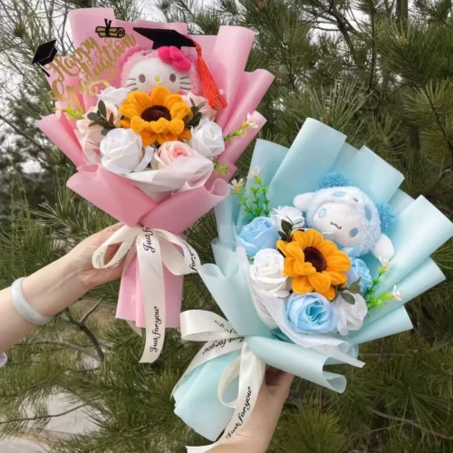 Cartoon my melody kuromi cinnamoroll kt cat plush doll holding flower bouquet valentine's day christmas graduation birthday gift 1