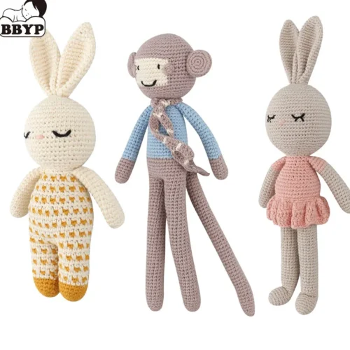 Handmade rabbit monkey crochet wool doll animal stuffed plush toy baby soothing baby sleeping plush toy gifts for kids birthday 1