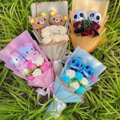 Cartoon anime kt cat stitch halloween jack skellington plush dolls flower bouquets graduation birthday christmas valentine gifts 1